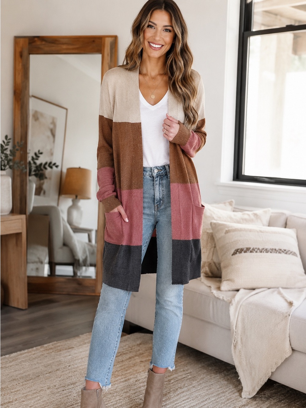 Madewell Colorblock Long Cardigan in Pink, Brown, Cream, Charcoal